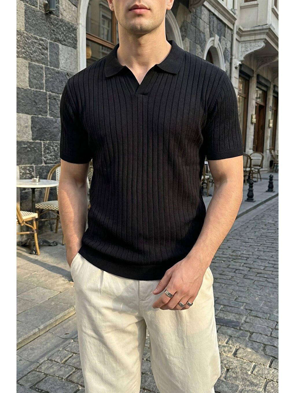 Siyah Sion Regular Fit Erkek Kısa Kol Triko Polo Yaka Tişört-3