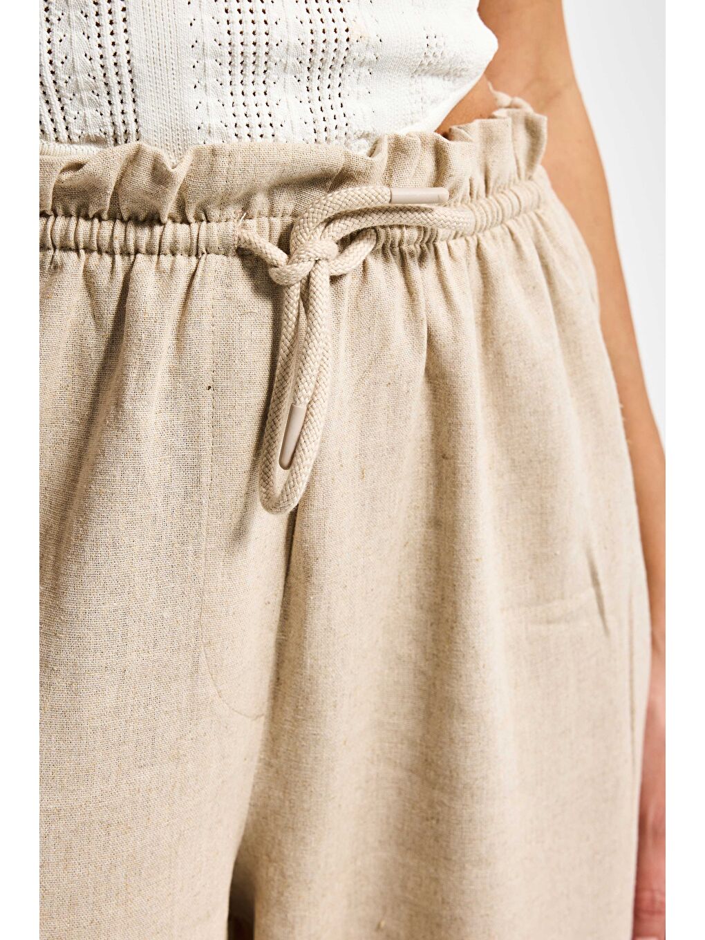 Kadın Bej Renk s6-57 Rahat Kesim Keten Kumaş Belden Lastikli Pantolon-2