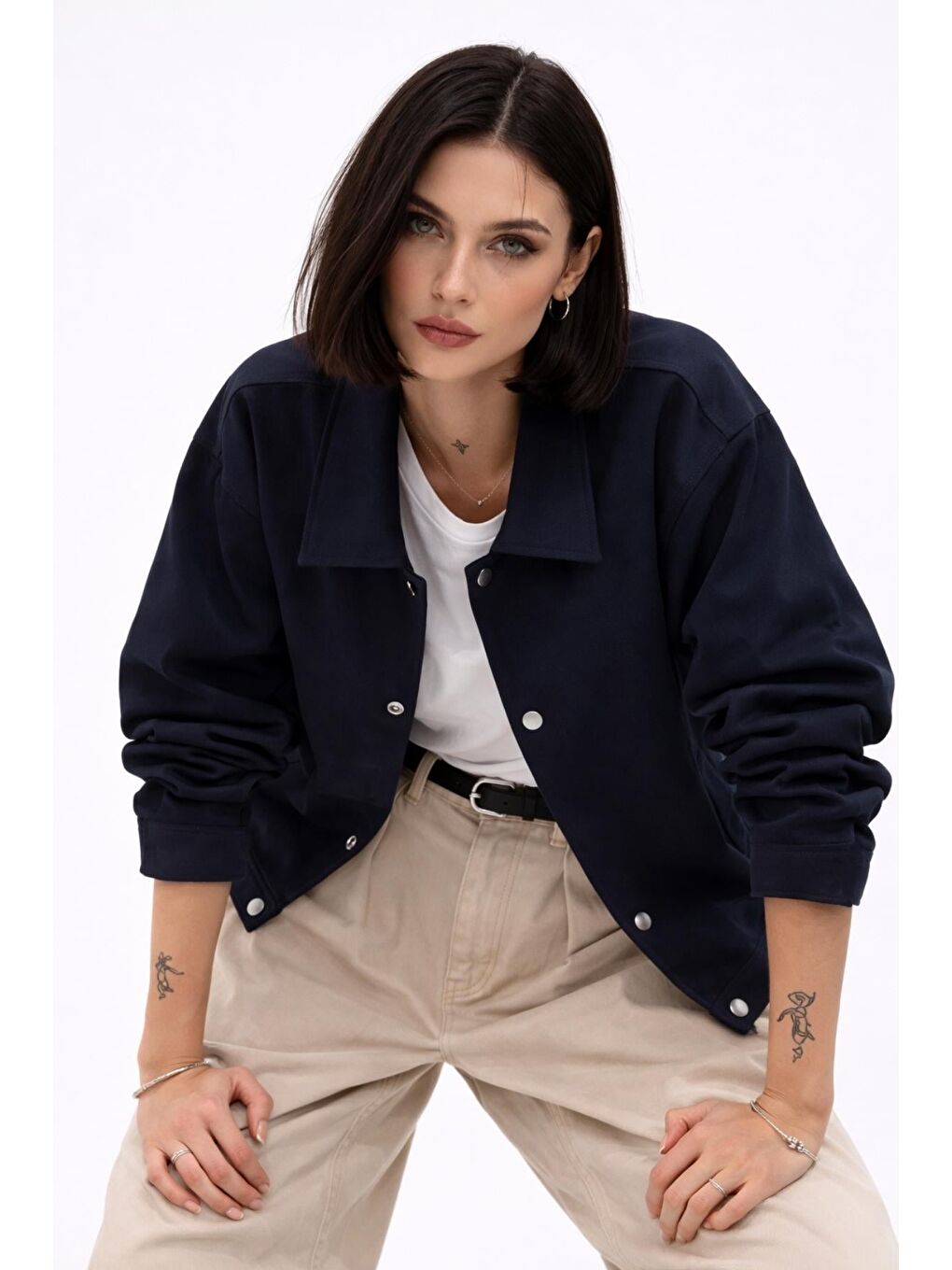 Lacivert Kadın Oversize Basic Gabardin Mevsimlik Polo Yaka Ceket-2