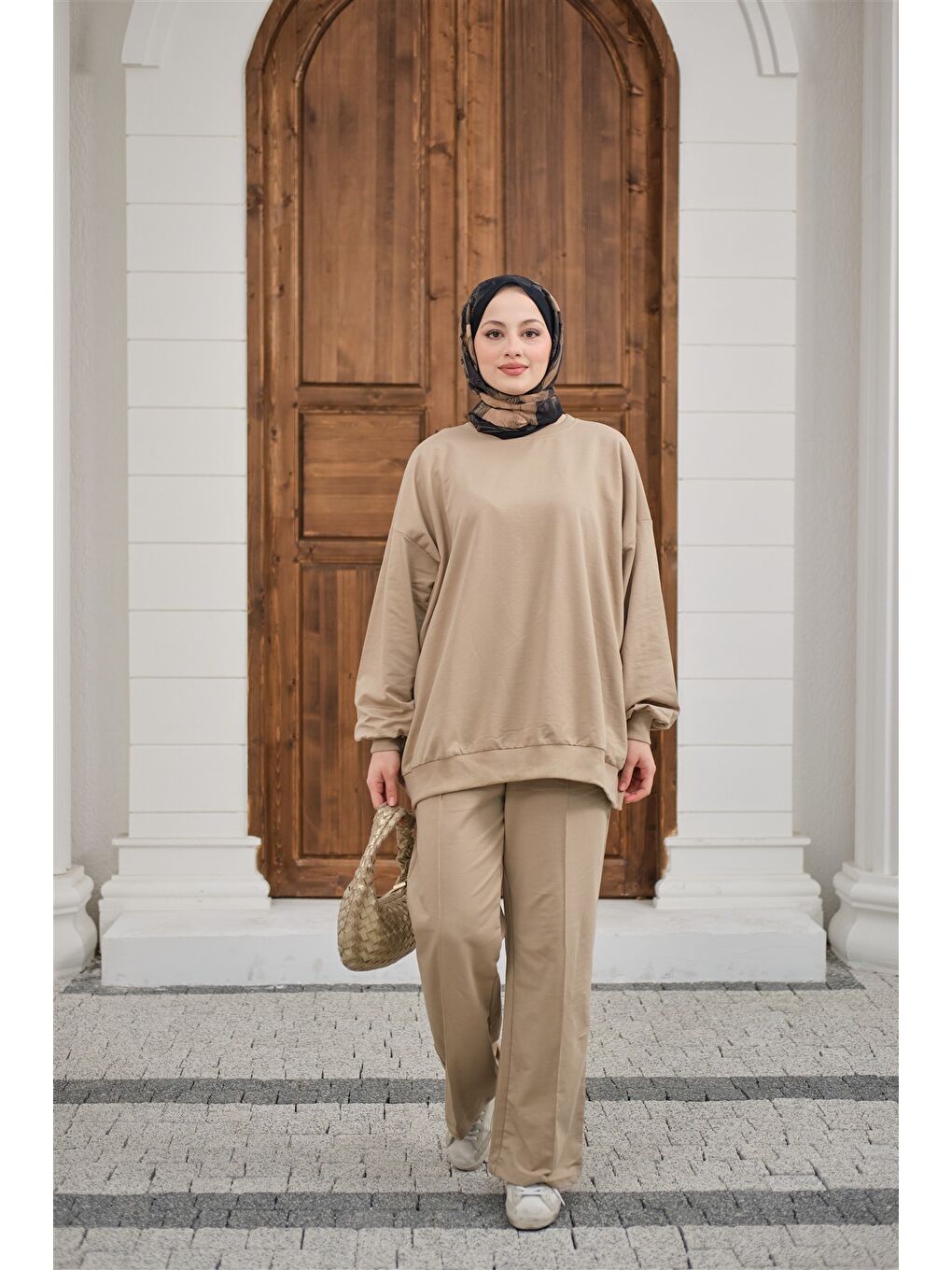 Bej Kadın Bisiklet Yaka Oversize İkili Takım Vizon-3