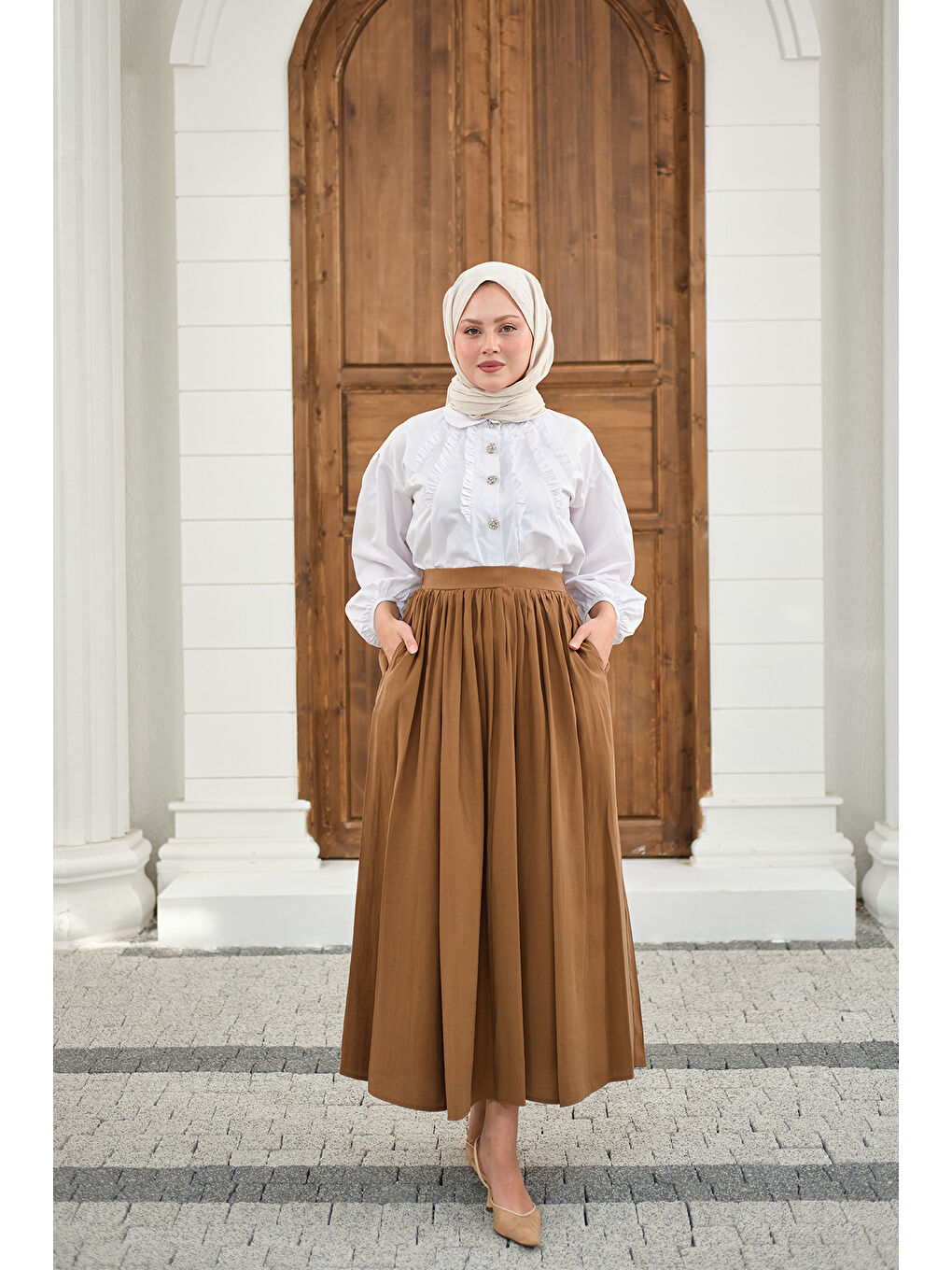 Kahverengi Kadın Önden Büzgülü Çift Cepli Etek Camel-2