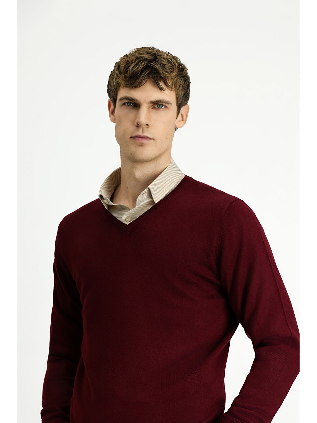 Bordo V Yaka Regular Fit Sıcak Tutan Yünlü Triko Kazak-2