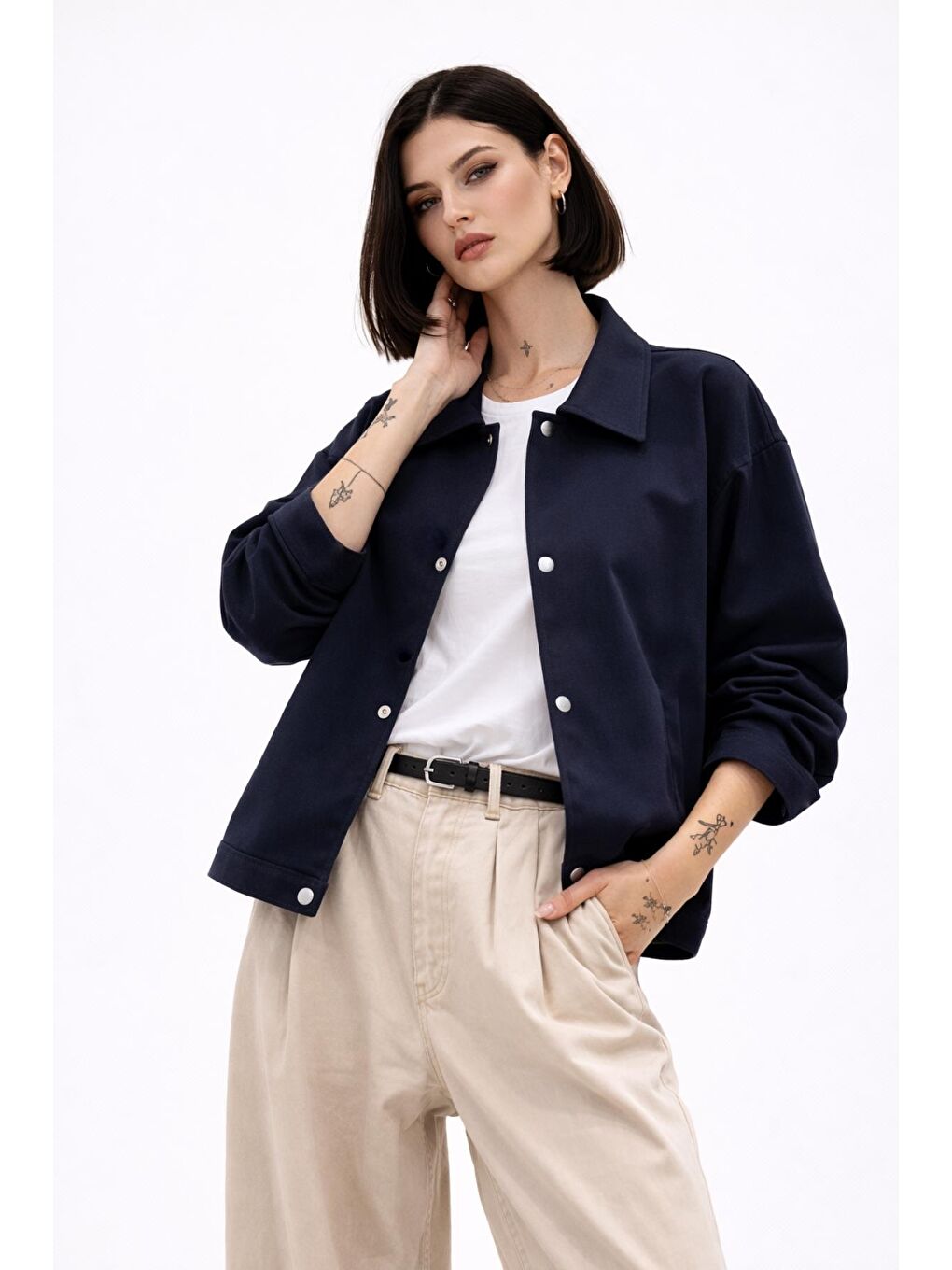 Lacivert Kadın Oversize Basic Gabardin Mevsimlik Polo Yaka Ceket-3