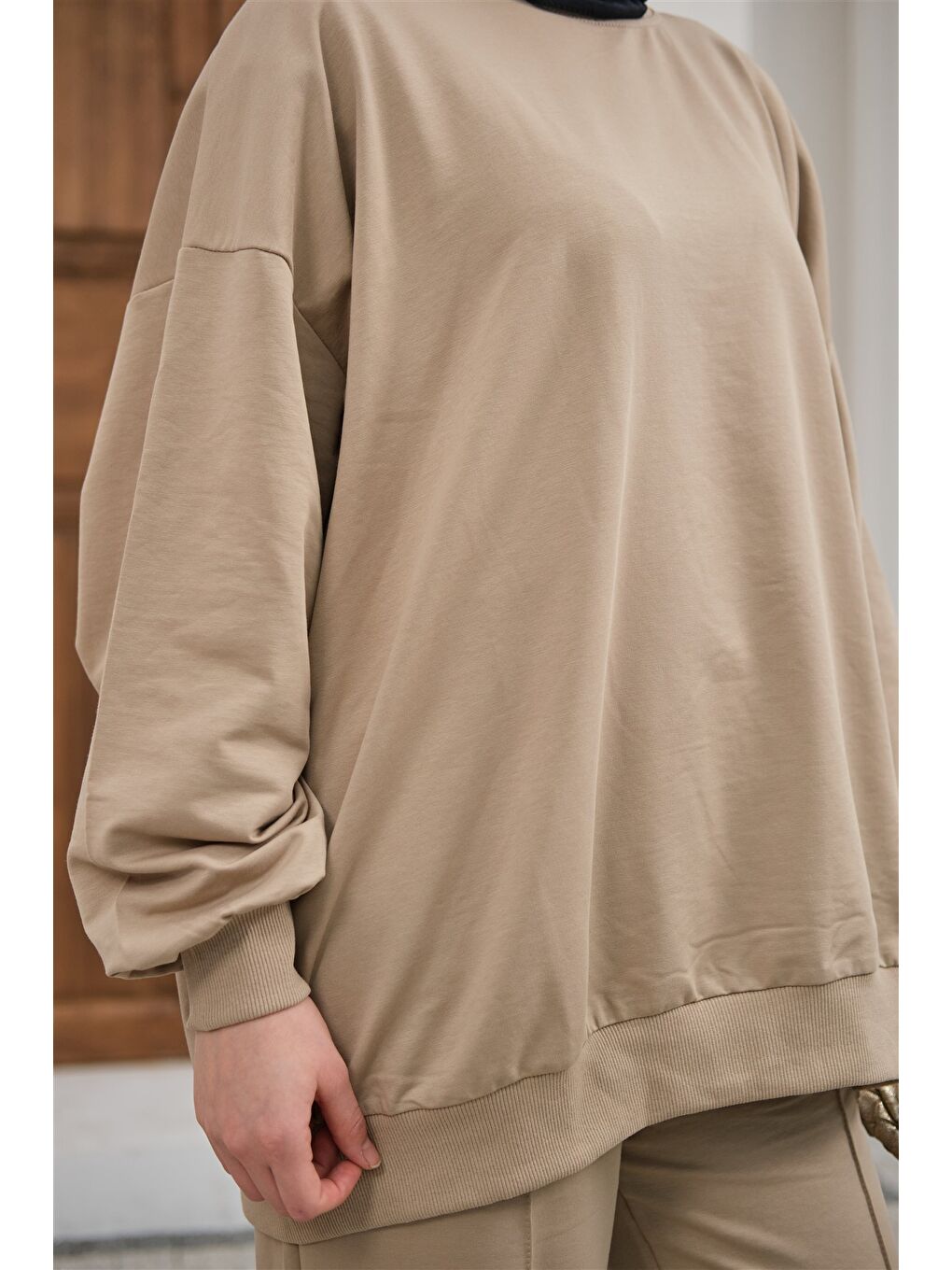 Bej Kadın Bisiklet Yaka Oversize İkili Takım Vizon-4