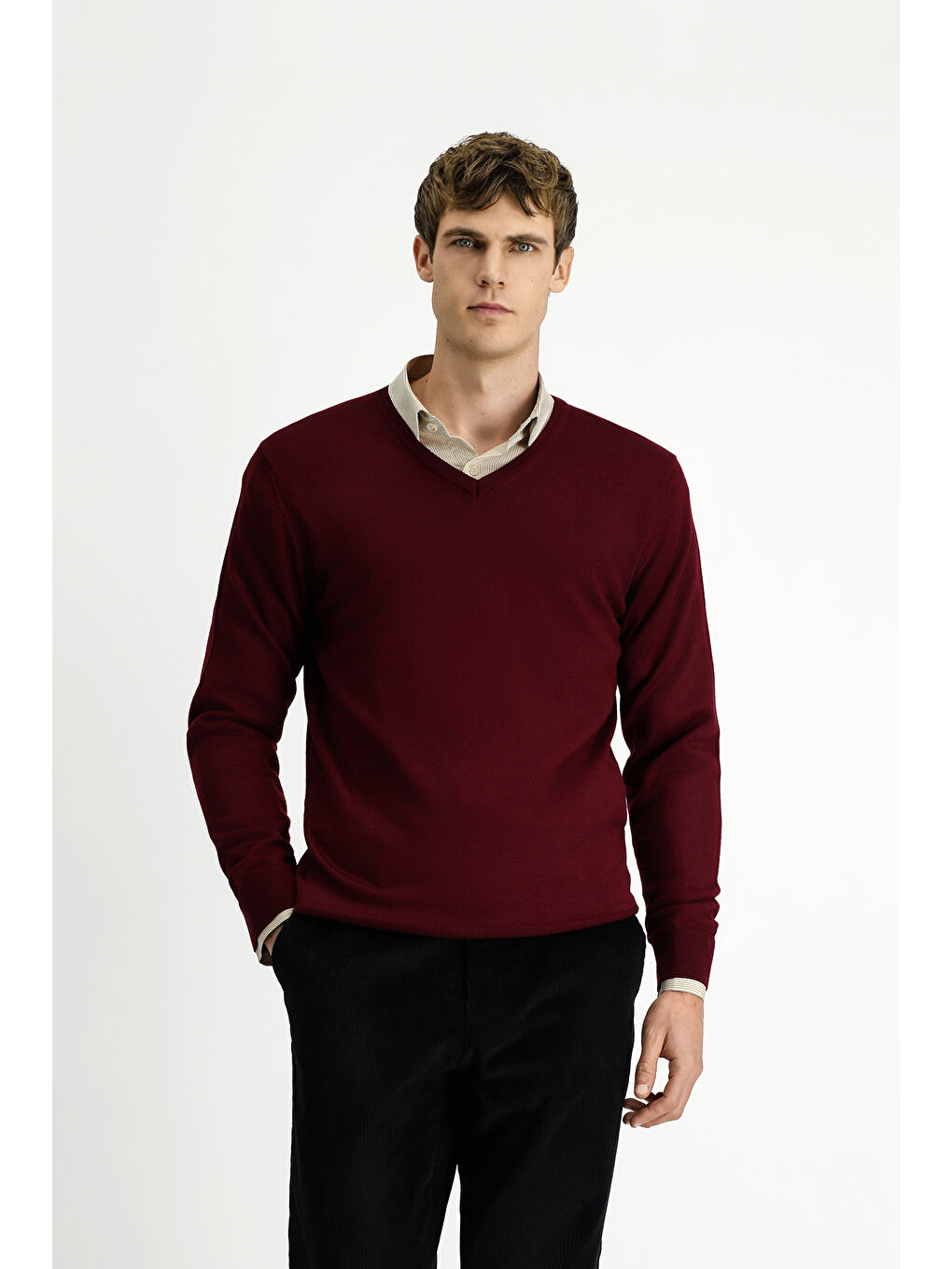 Bordo V Yaka Regular Fit Sıcak Tutan Yünlü Triko Kazak-3