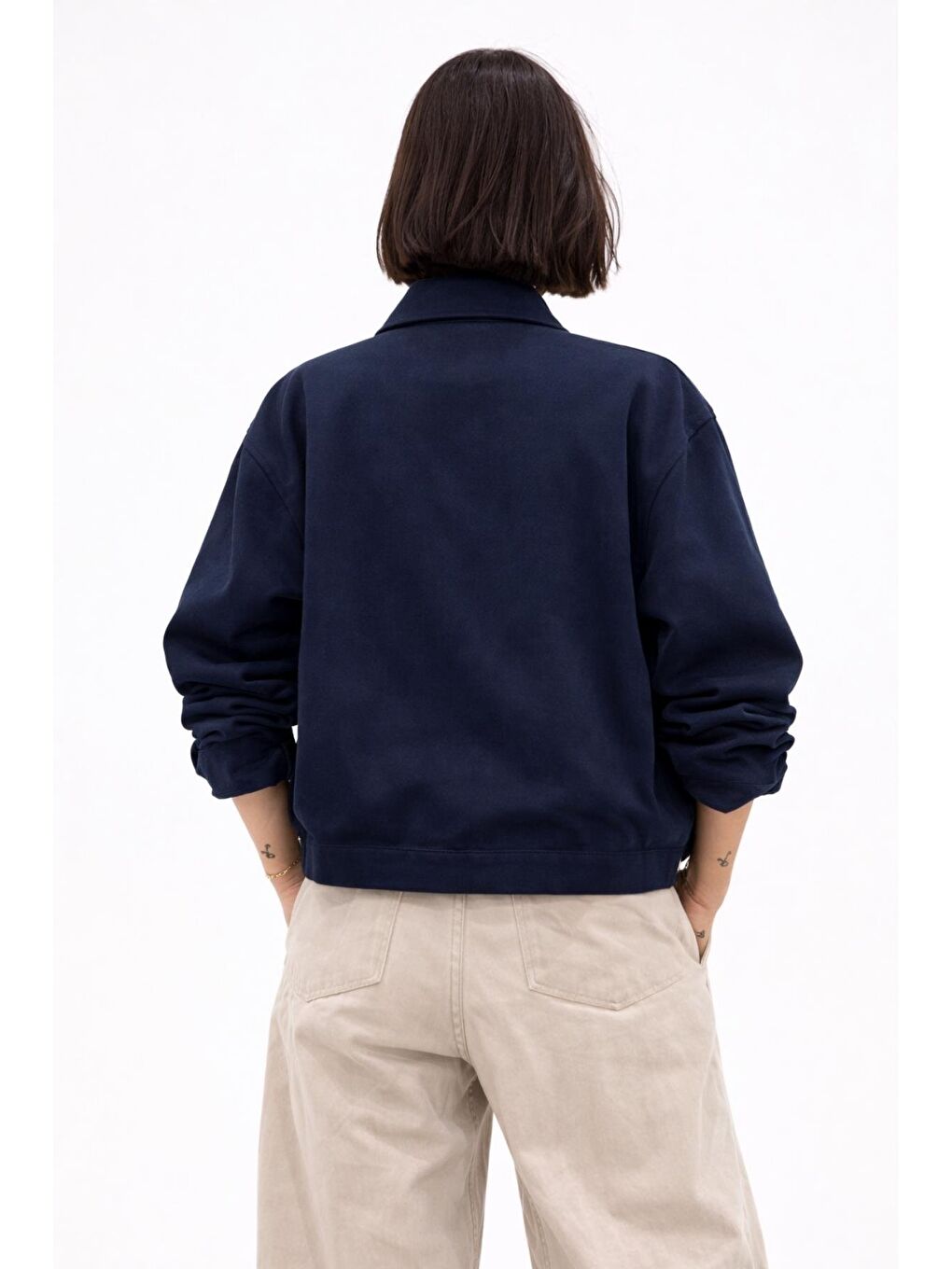 Lacivert Kadın Oversize Basic Gabardin Mevsimlik Polo Yaka Ceket-4