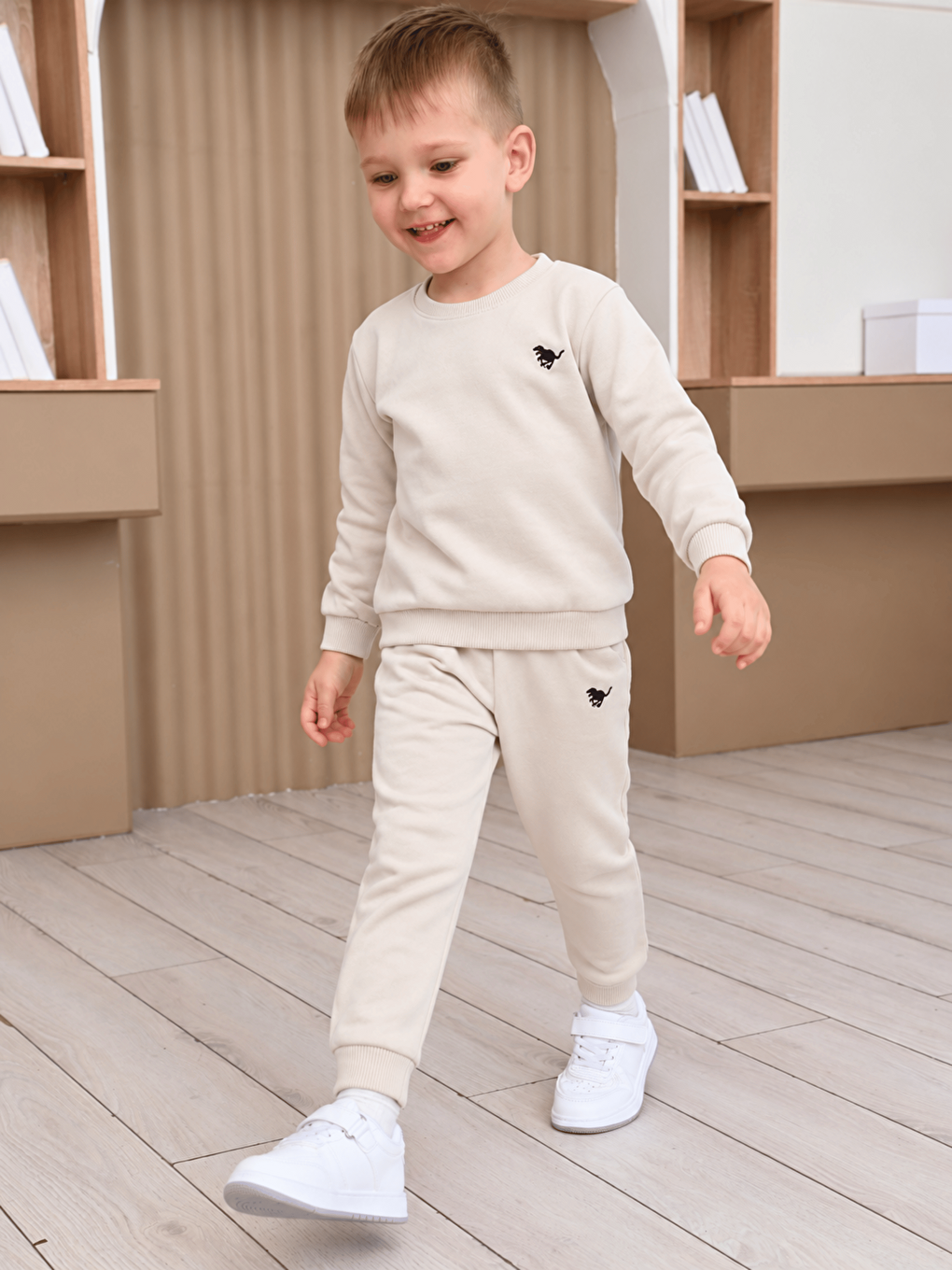 Bej Bisiklet Yaka Baskılı Erkek Çocuk Sweatshirt Ve Eşofman Alt 2'li Takım-3