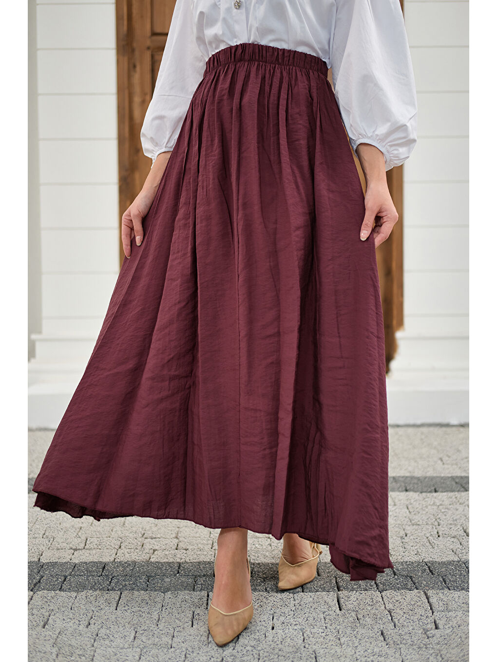 Kadın Beli Lastikli Kırışık Etek Bordo-1