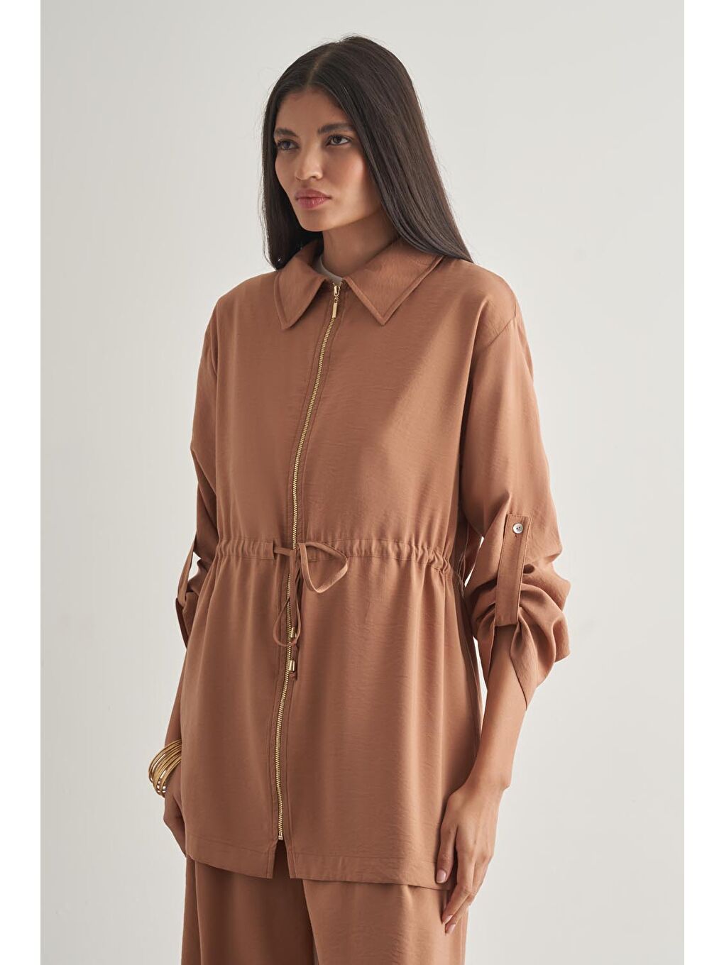 Kahverengi Taba Modal Karışımlı Fermuarlı Camel Tunik-1