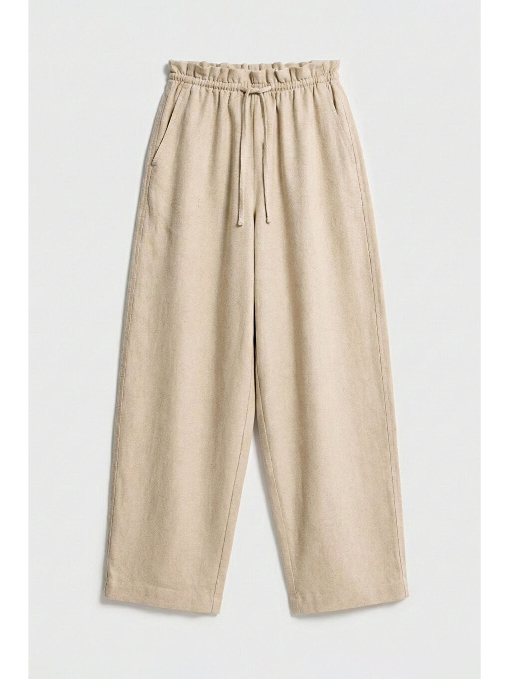 Kadın Bej Renk s6-57 Rahat Kesim Keten Kumaş Belden Lastikli Pantolon-4