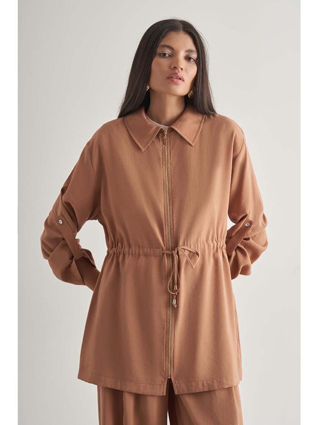 Kahverengi Taba Modal Karışımlı Fermuarlı Camel Tunik-2