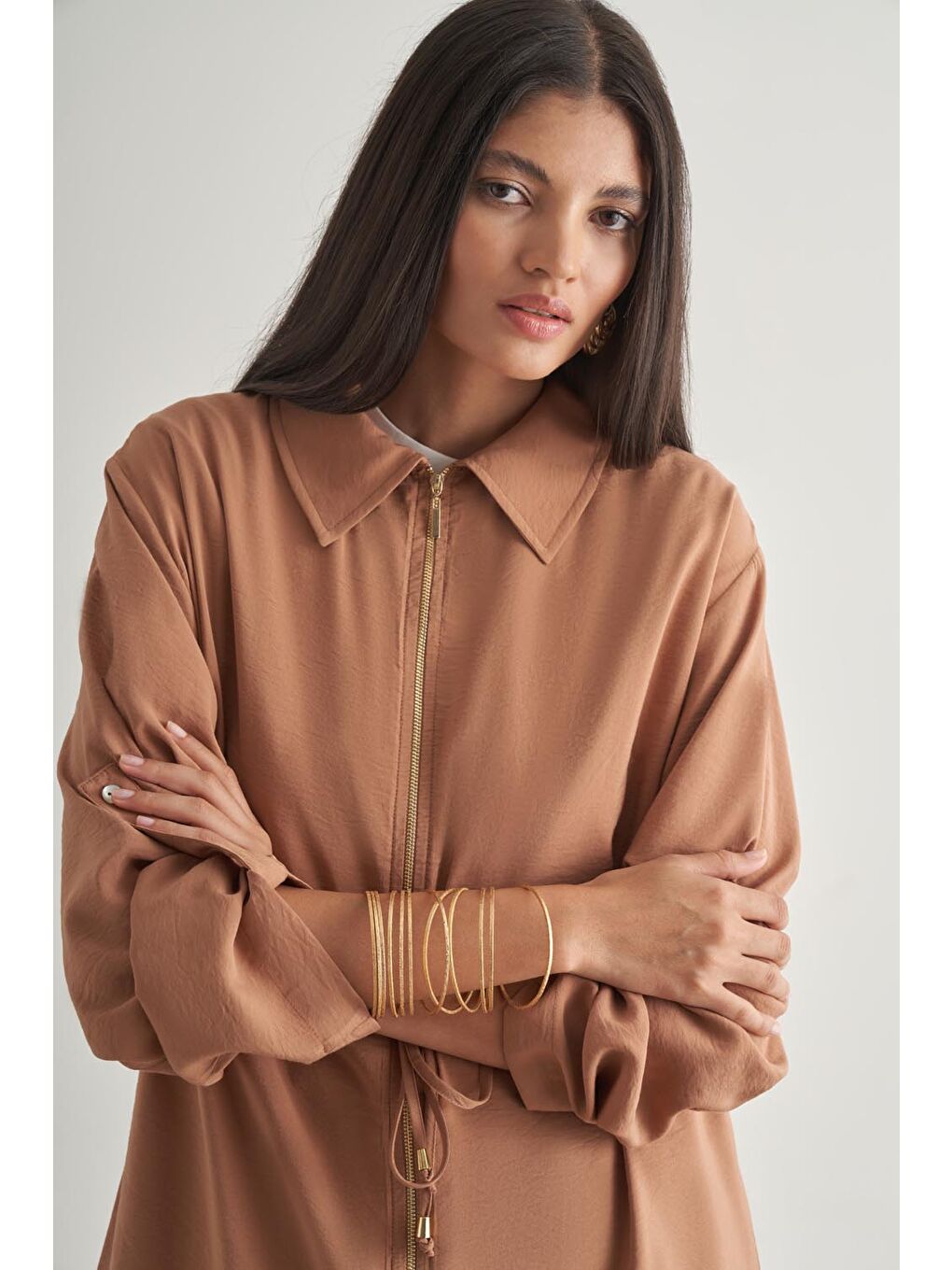 Kahverengi Taba Modal Karışımlı Fermuarlı Camel Tunik-3