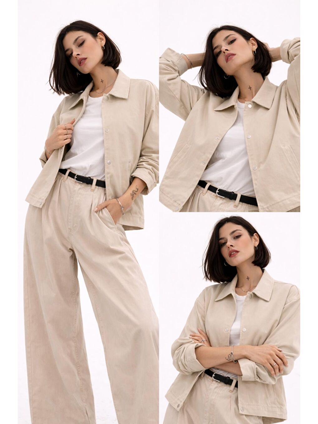 Bej Kadın Oversize Basic Gabardin Mevsimlik Polo Yaka Ceket-1