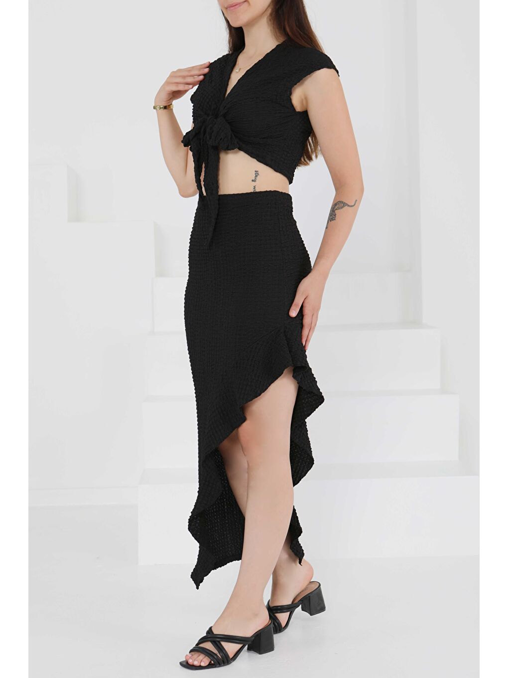 Önü Bağlamalı Etekli Takım Siyah - 27446-4