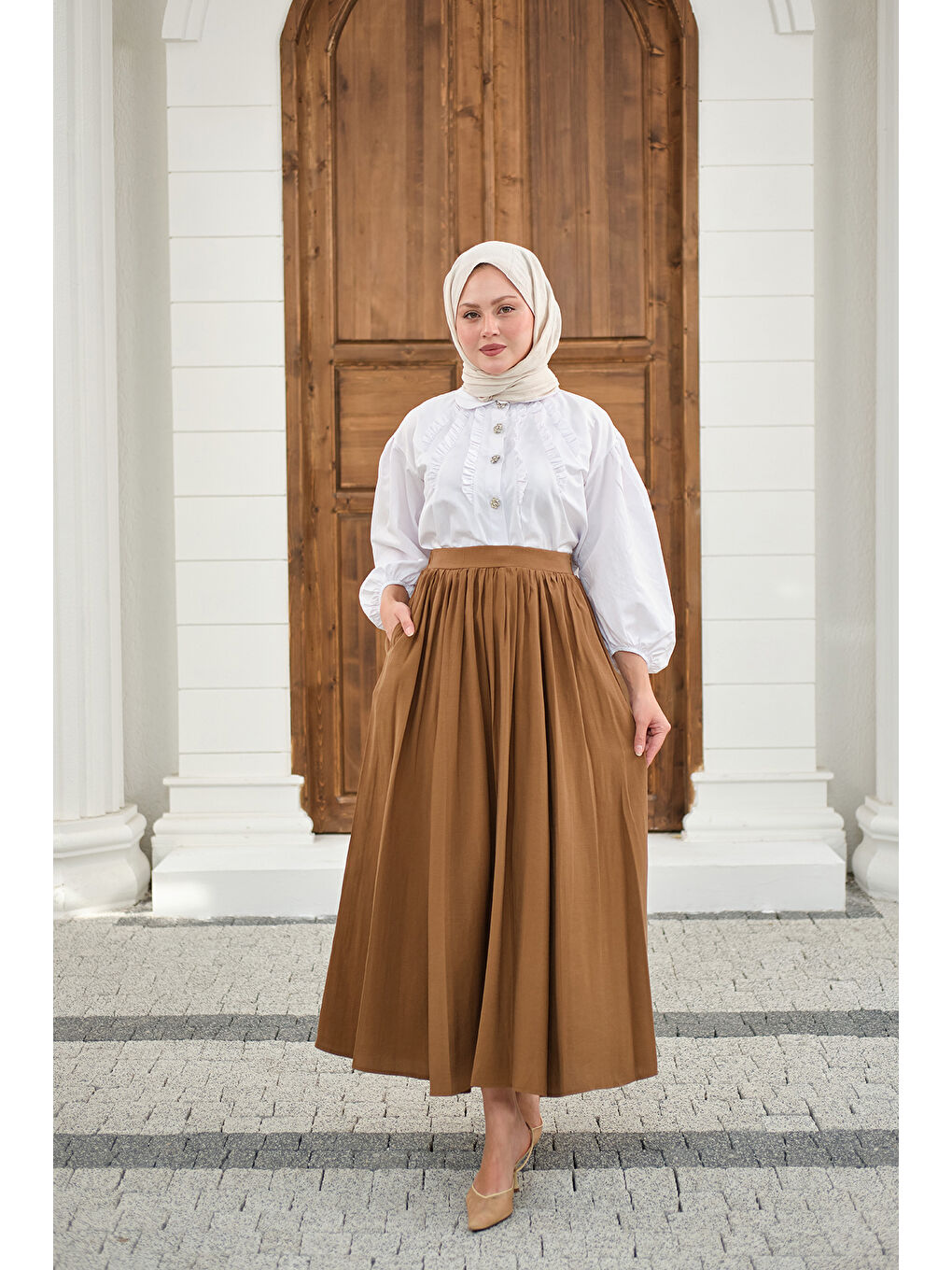 Kahverengi Kadın Önden Büzgülü Çift Cepli Etek Camel-4