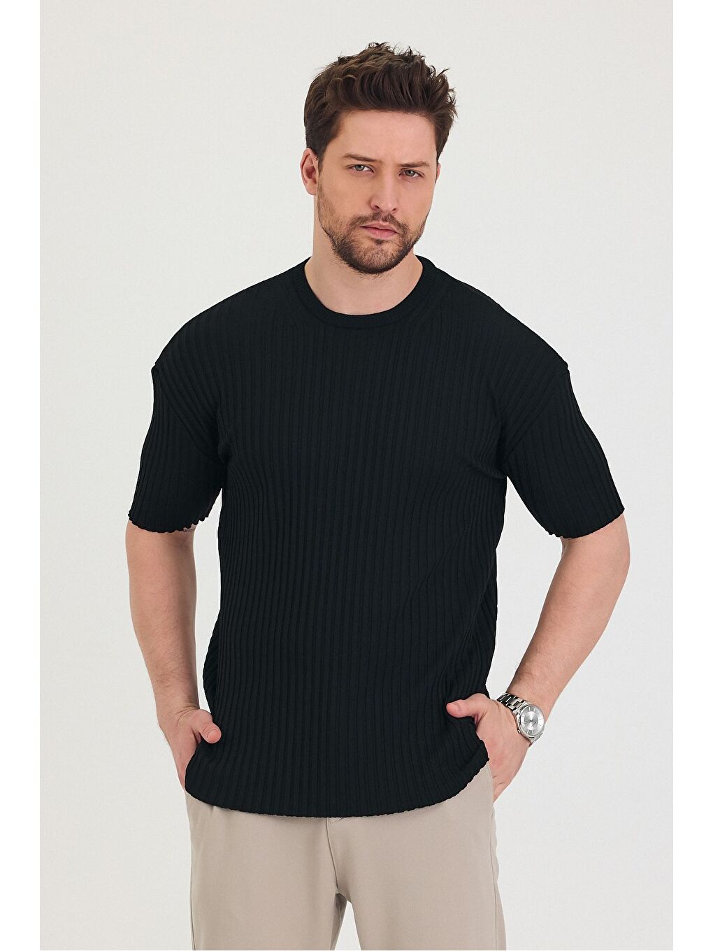 Siyah Erkek Bisiklet Yaka Fitilli Kısa Kollu Ince Triko Tişört-5