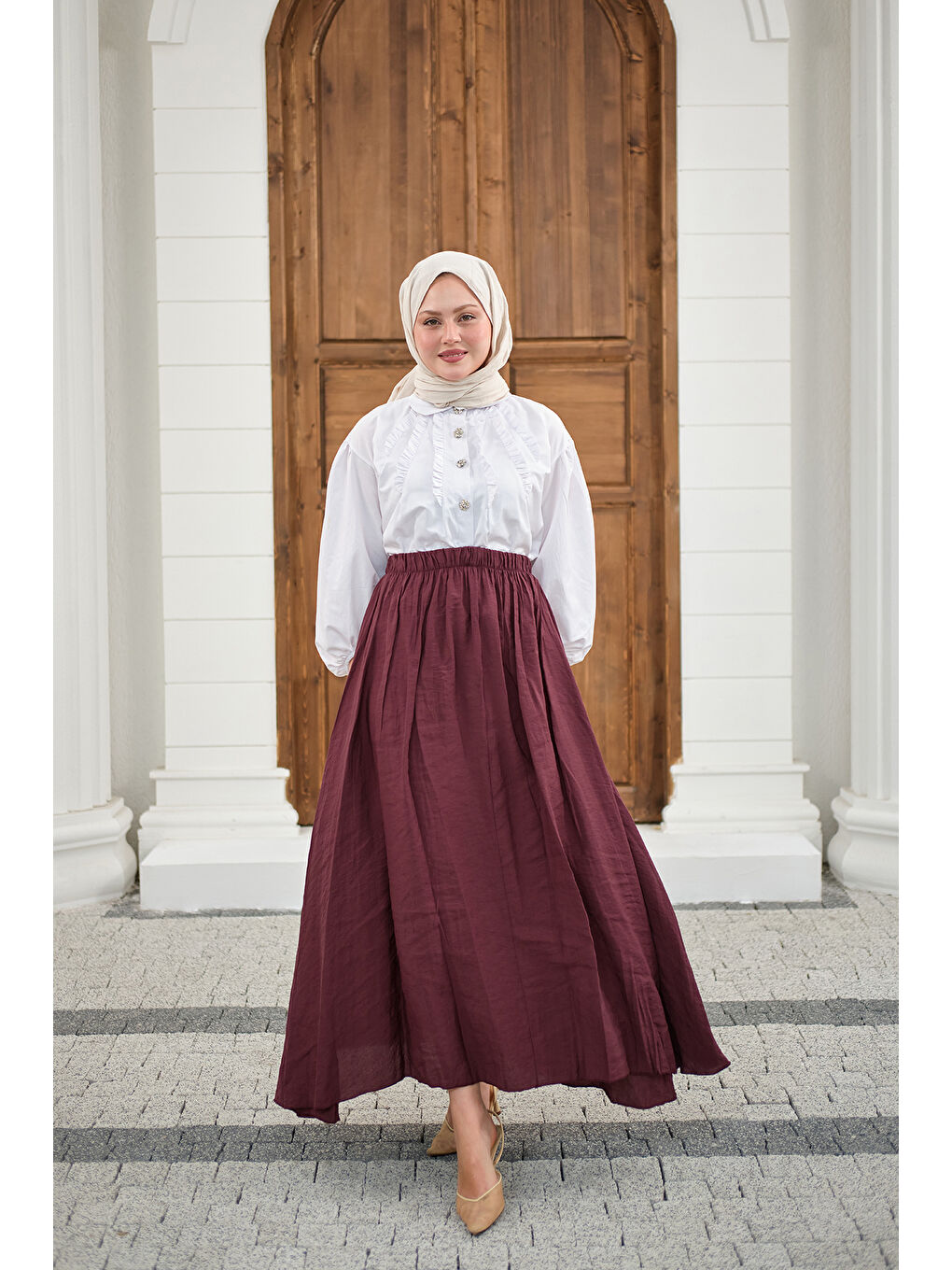 Kadın Beli Lastikli Kırışık Etek Bordo-2