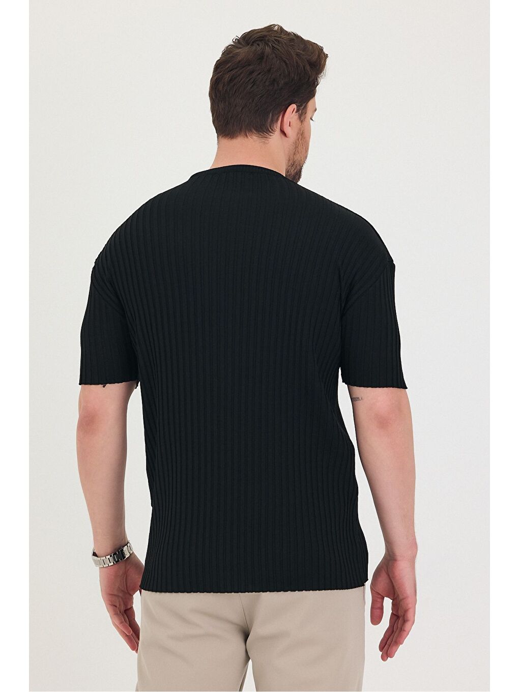 Siyah Erkek Bisiklet Yaka Fitilli Kısa Kollu Ince Triko Tişört-7