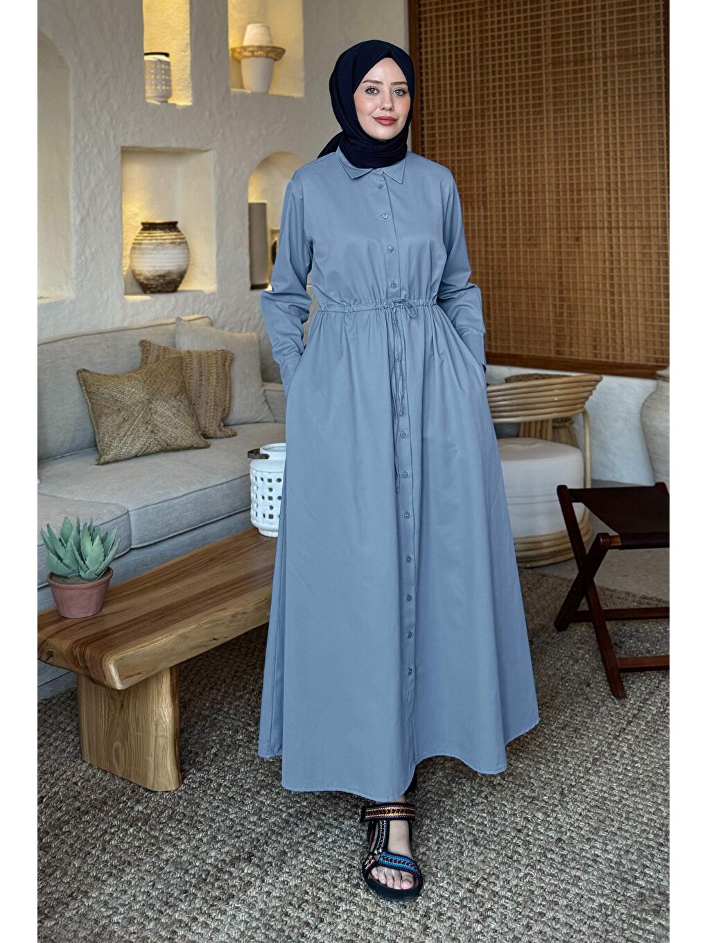 Beli Tünel Detaylı Elbise Retro Mavi