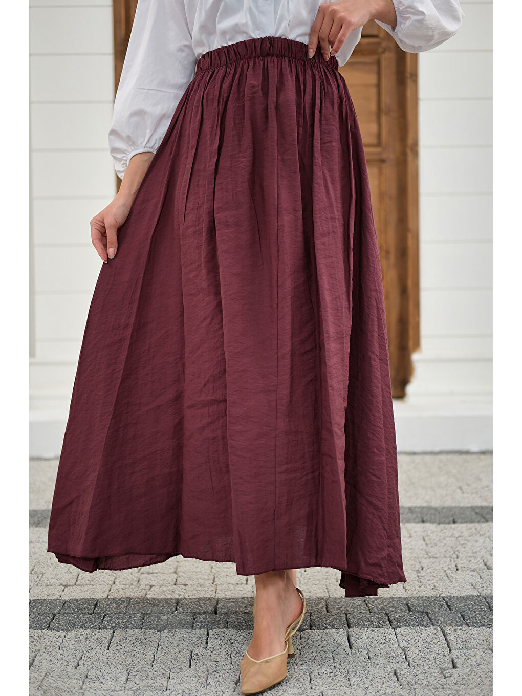 Kadın Beli Lastikli Kırışık Etek Bordo-3