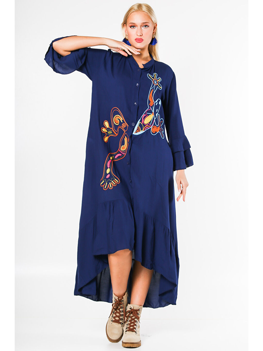 Lacivert Dik Yaka Fırfırlı Kol Düğmeli Kol Ve Etek Ucu Fırfırlı Nakışlı Oversize Dokuma Elbise-6