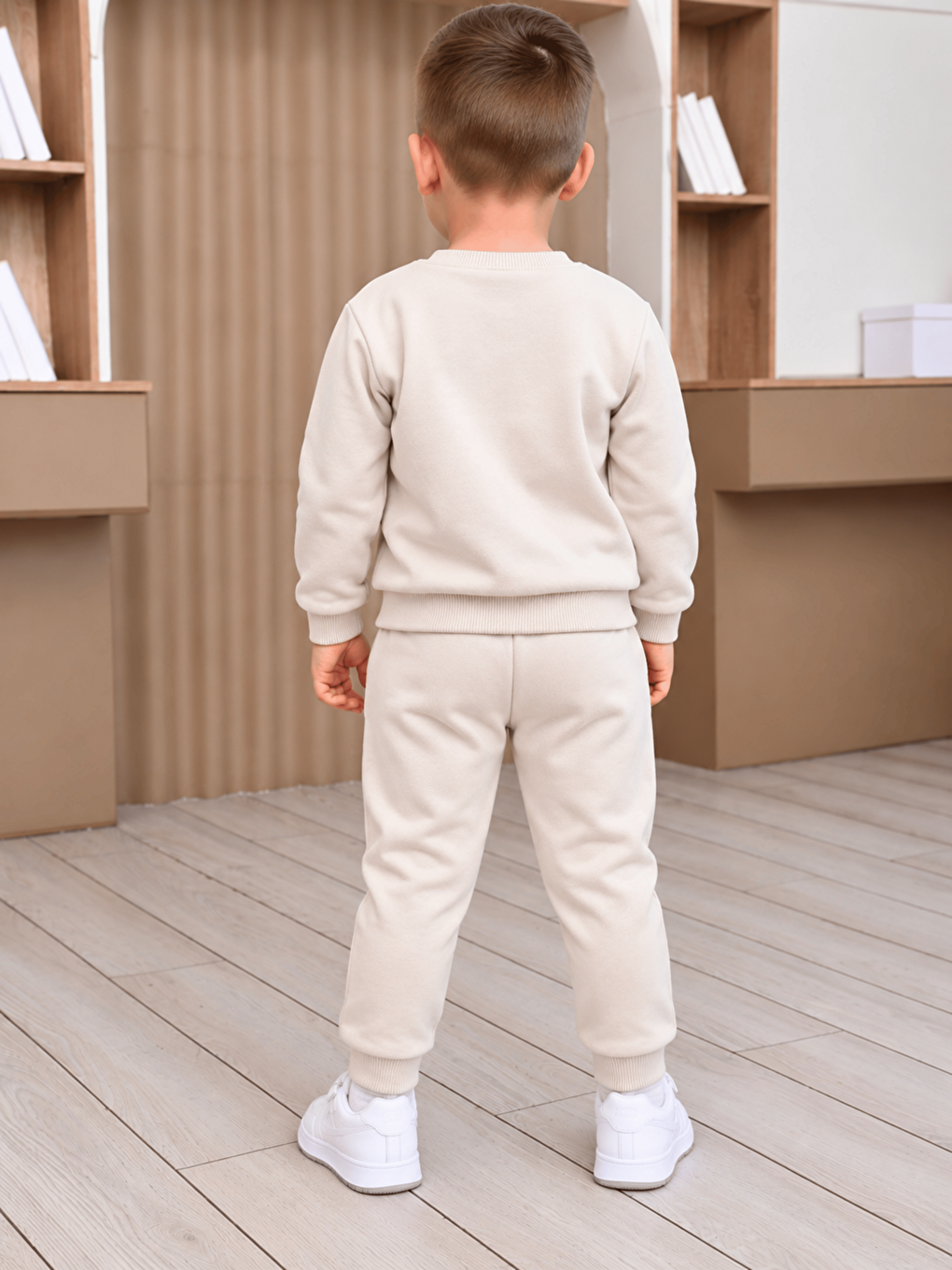 Bej Bisiklet Yaka Baskılı Erkek Çocuk Sweatshirt Ve Eşofman Alt 2'li Takım-5