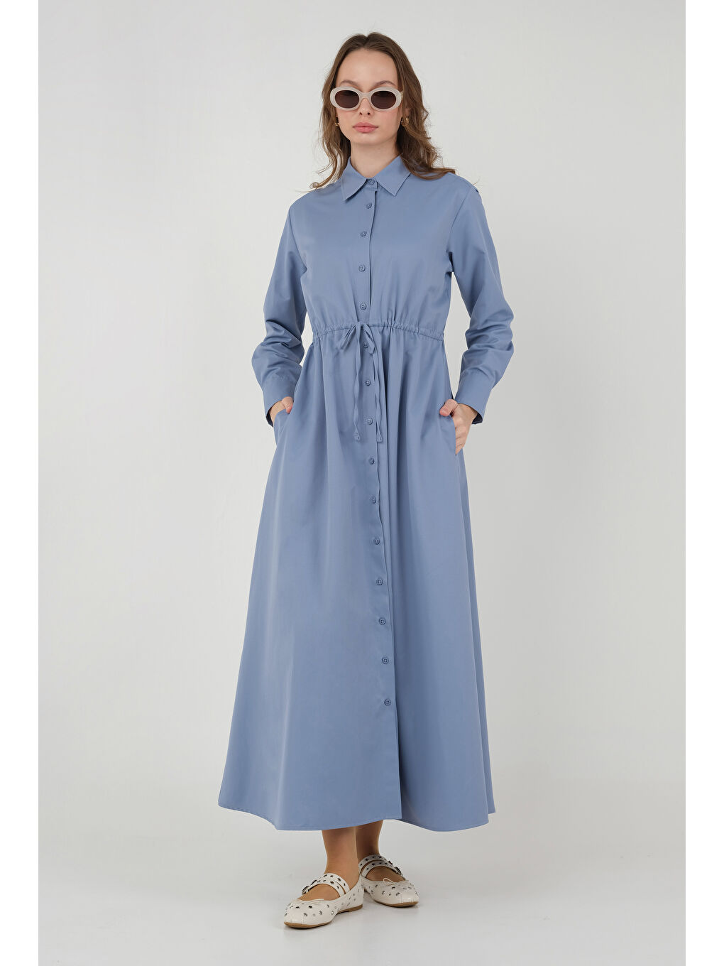 Beli Tünel Detaylı Elbise Retro Mavi-1