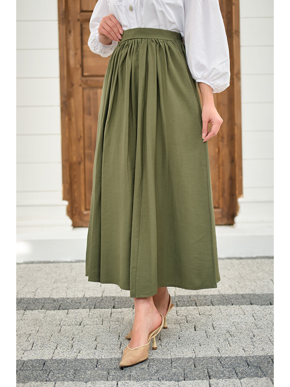 Kadın Önden Büzgülü Çift Cepli Etek Haki Yeşil-1