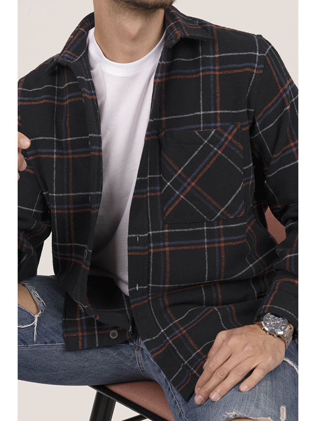 Siyah Kiremit Çizligi Oversize (Geniş Kalıp) Kalın %100 Pamuk Erkek Oduncu Gömlek