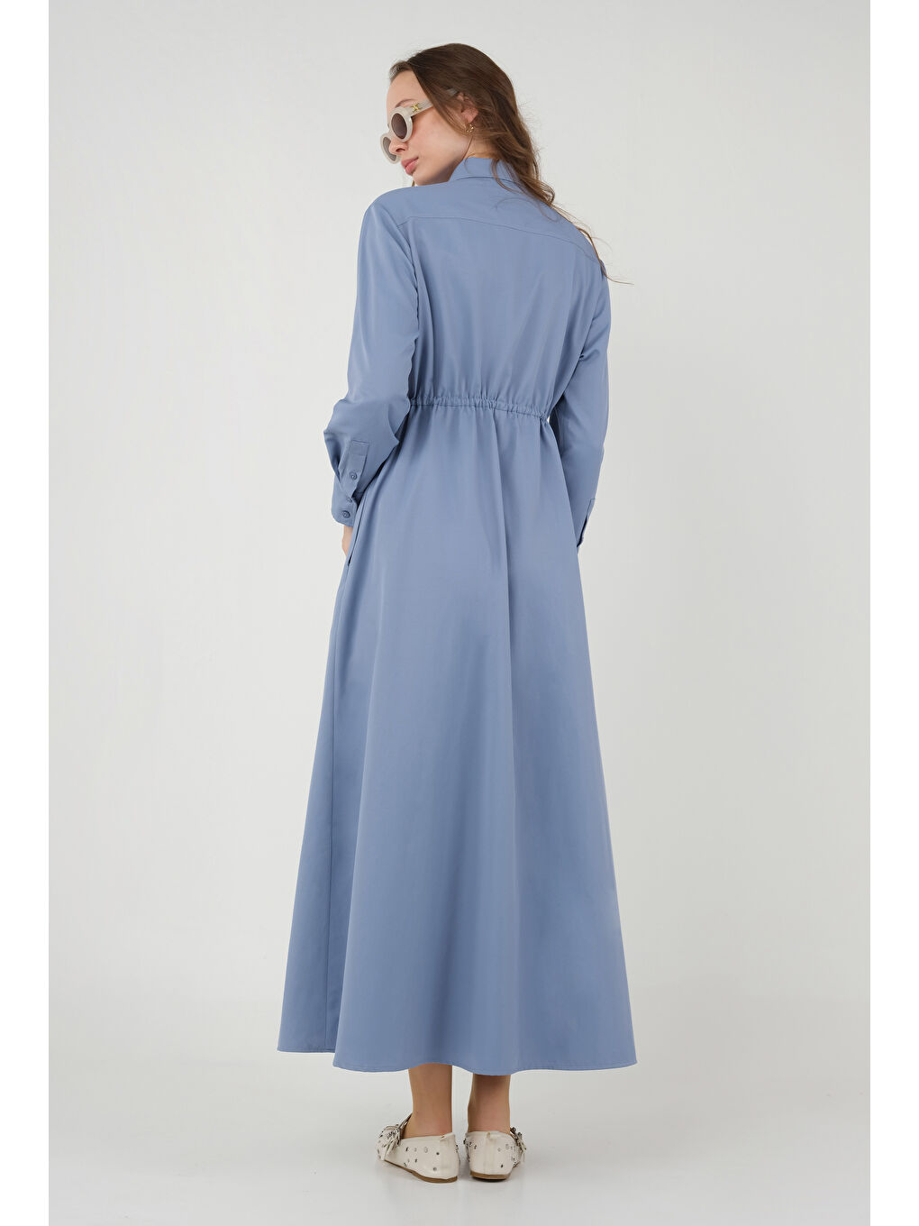 Beli Tünel Detaylı Elbise Retro Mavi-2