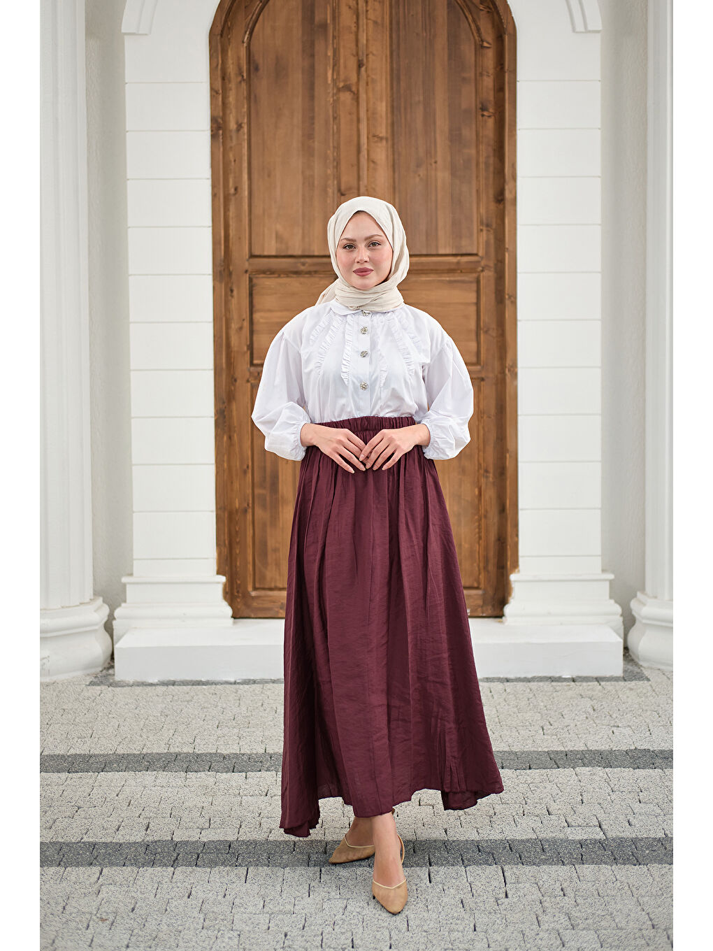 Kadın Beli Lastikli Kırışık Etek Bordo-4