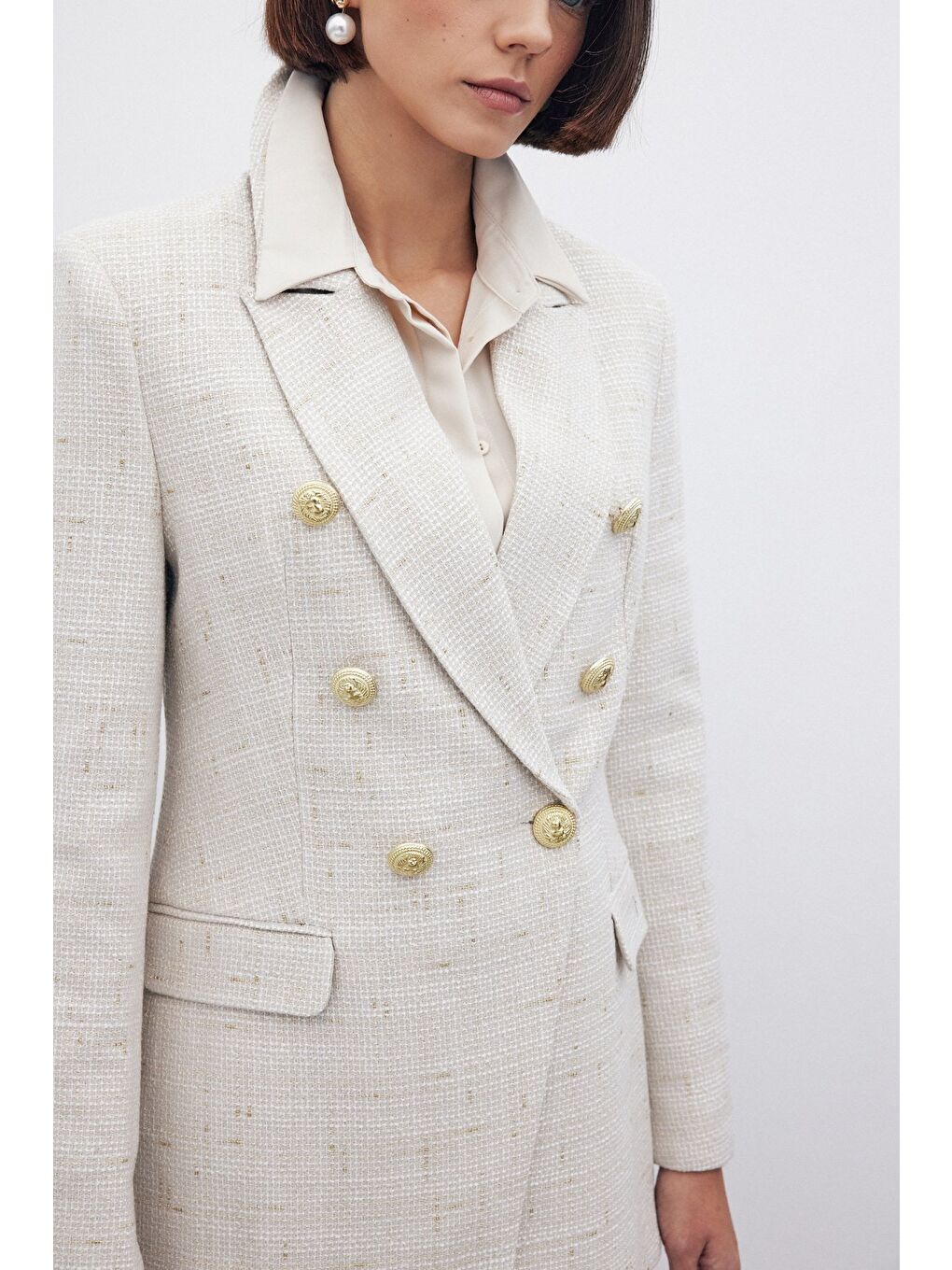 Bej Simli Uzun Ceket - Taş