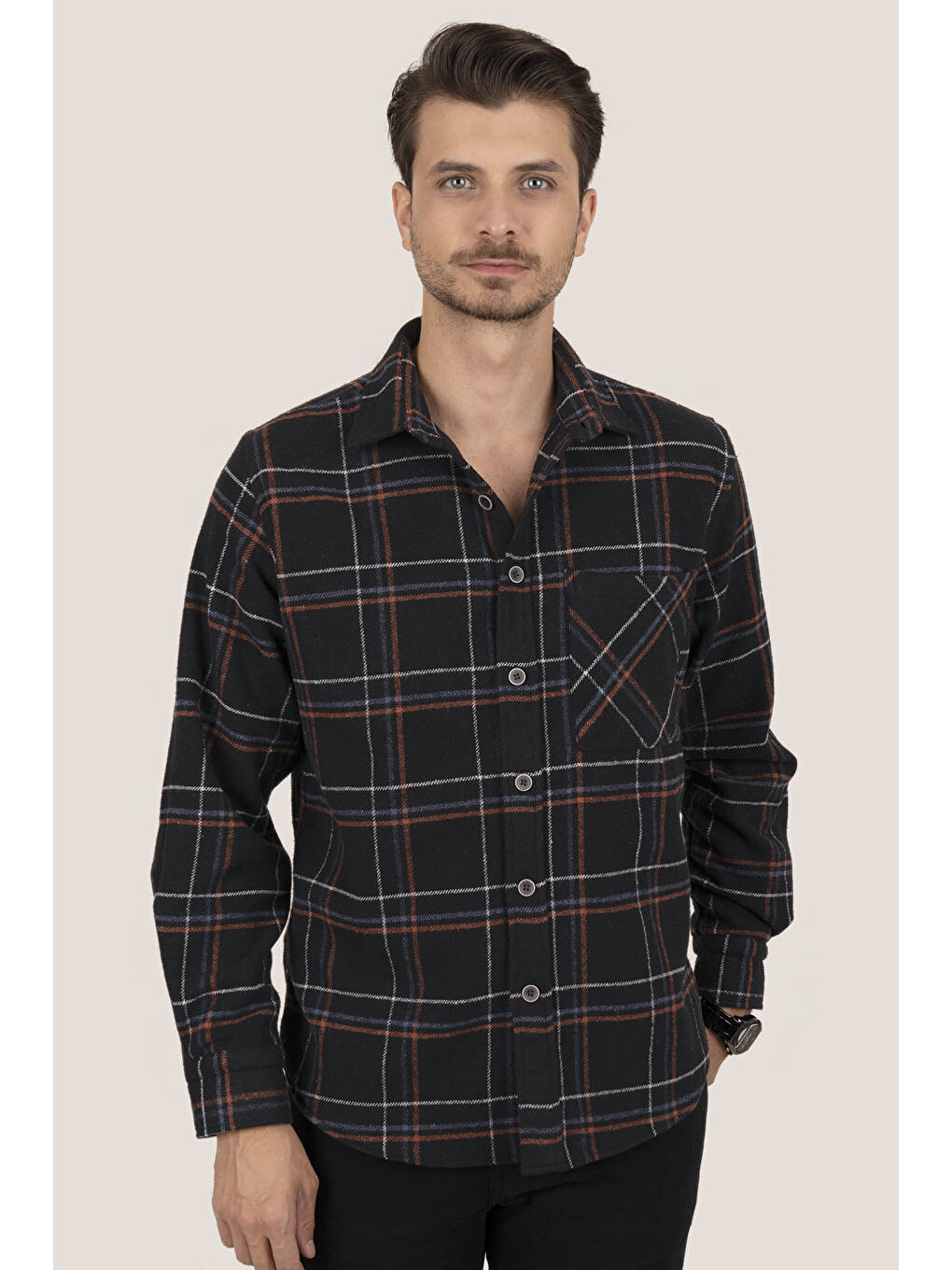 Siyah Kiremit Çizligi Oversize (Geniş Kalıp) Kalın %100 Pamuk Erkek Oduncu Gömlek-4