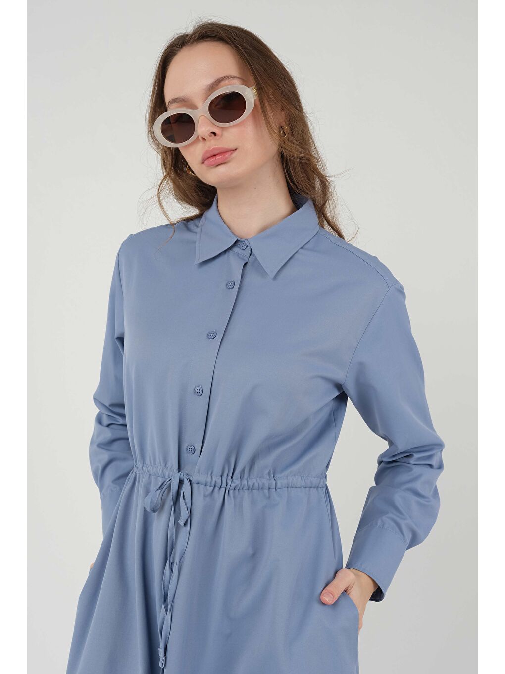 Beli Tünel Detaylı Elbise Retro Mavi-3