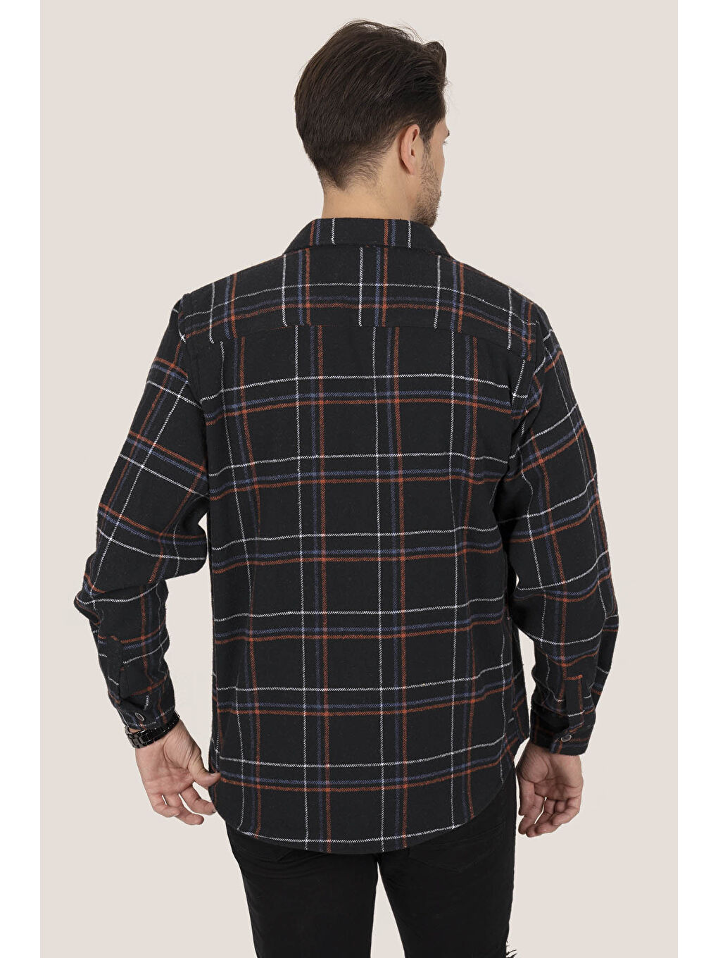 Siyah Kiremit Çizligi Oversize (Geniş Kalıp) Kalın %100 Pamuk Erkek Oduncu Gömlek-6