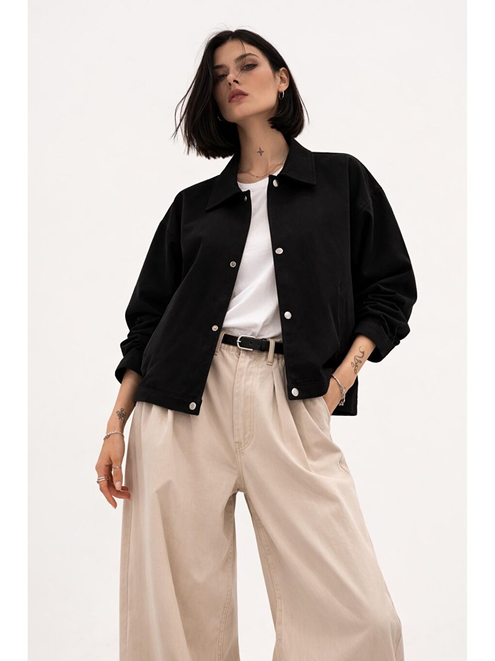 Siyah Kadın Oversize Basic Gabardin Mevsimlik Polo Yaka Ceket