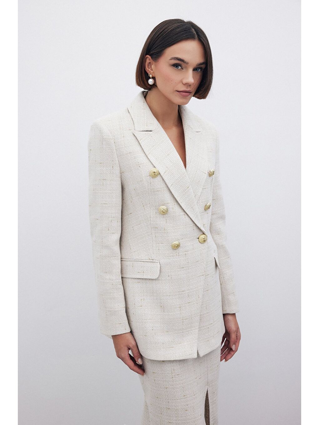 Bej Simli Uzun Ceket - Taş-1