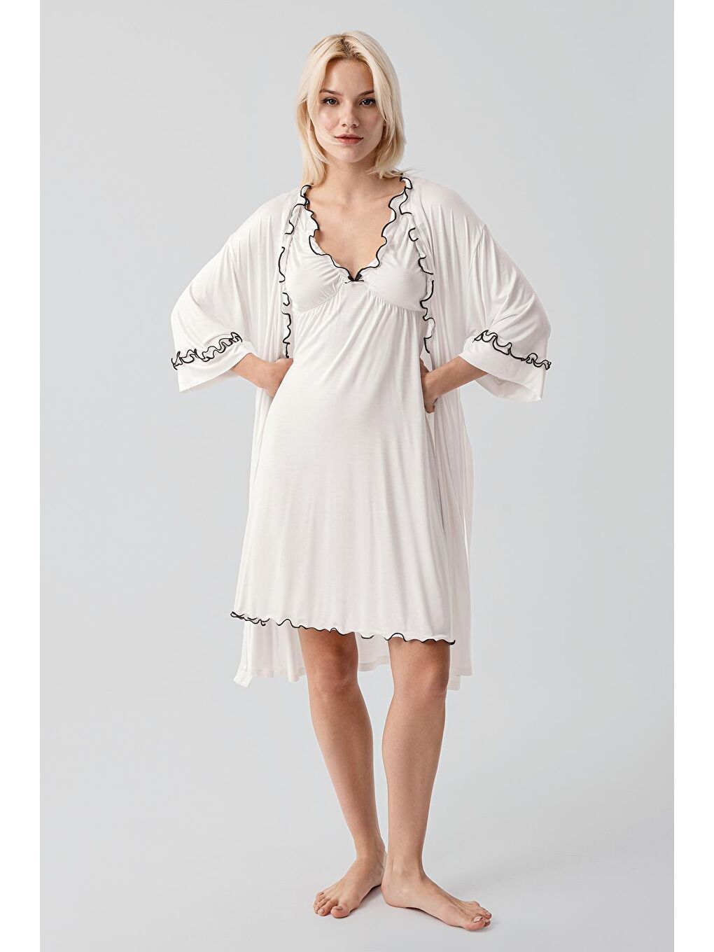 Ekru Askılı Kısa Esnek Viskoz Hamile Sabahlık Gecelik Takım 19400-1