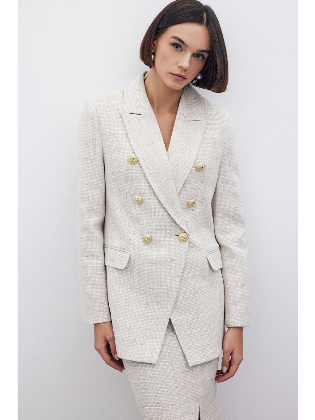 Bej Simli Uzun Ceket - Taş-2