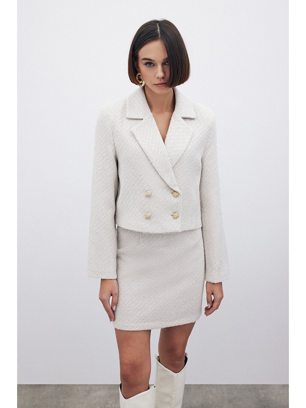 Bej Simli Kısa Tüvit Ceket - Taş