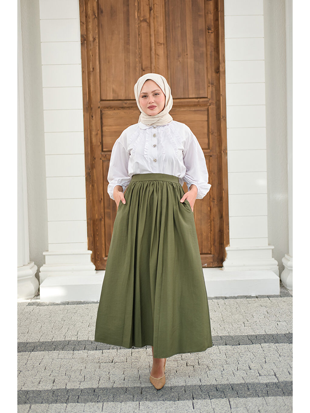 Kadın Önden Büzgülü Çift Cepli Etek Haki Yeşil-2