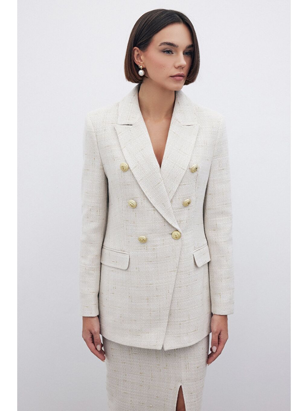 Bej Simli Uzun Ceket - Taş-3