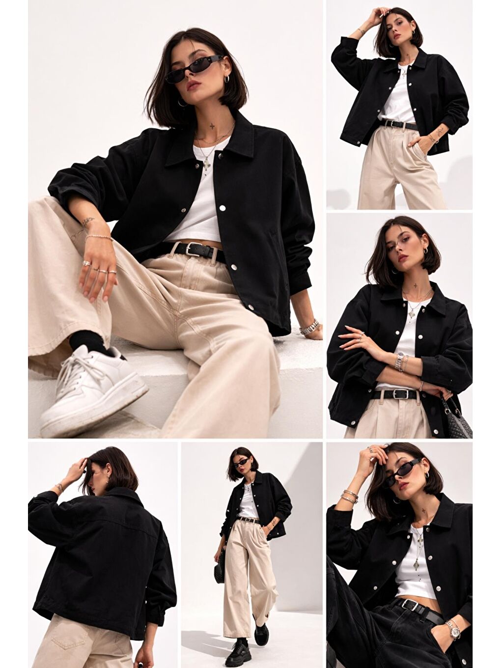 Siyah Kadın Oversize Basic Gabardin Mevsimlik Polo Yaka Ceket-1