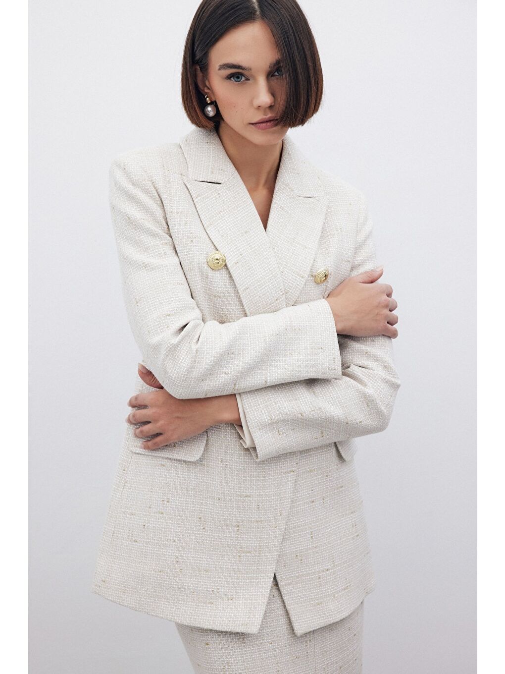 Bej Simli Uzun Ceket - Taş-4