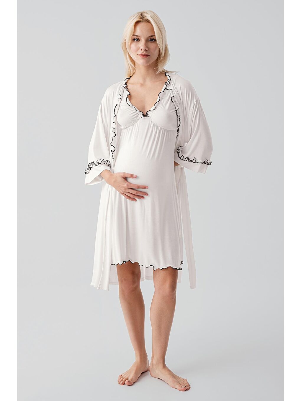 Ekru Askılı Kısa Esnek Viskoz Hamile Sabahlık Gecelik Takım 19400-3