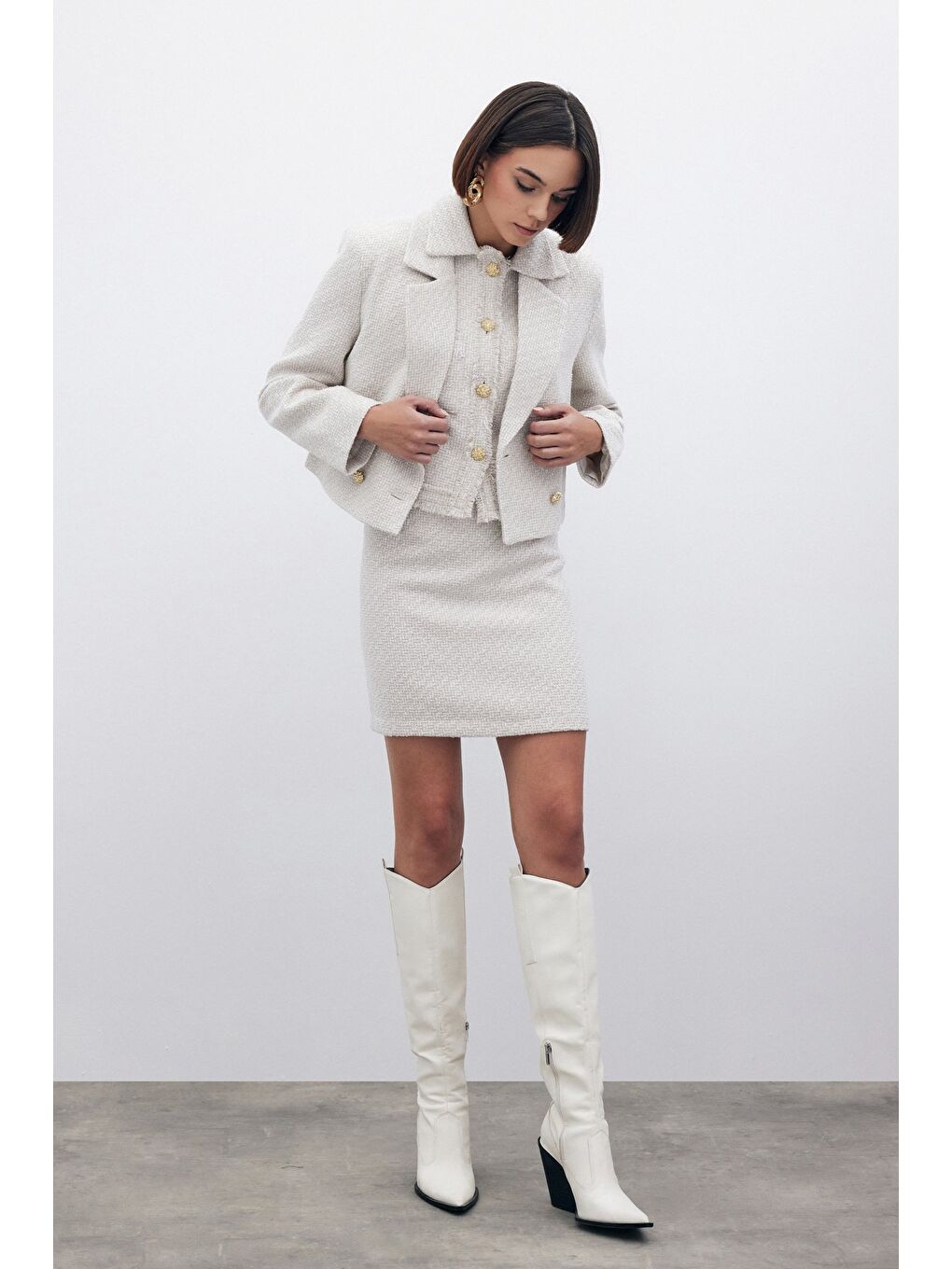 Bej Simli Kısa Tüvit Ceket - Taş-2