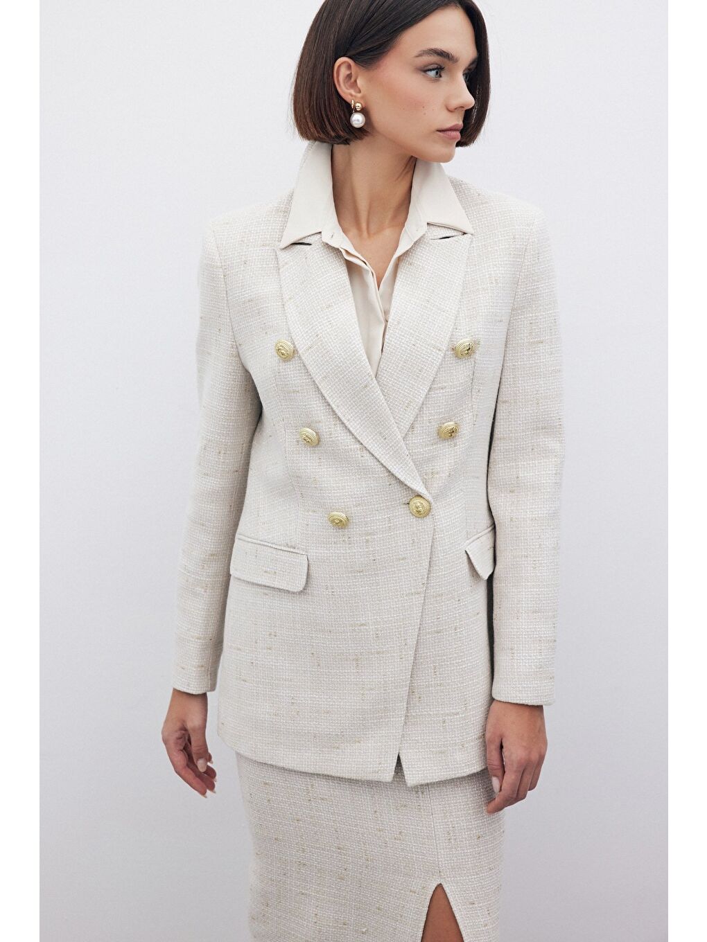 Bej Simli Uzun Ceket - Taş-5