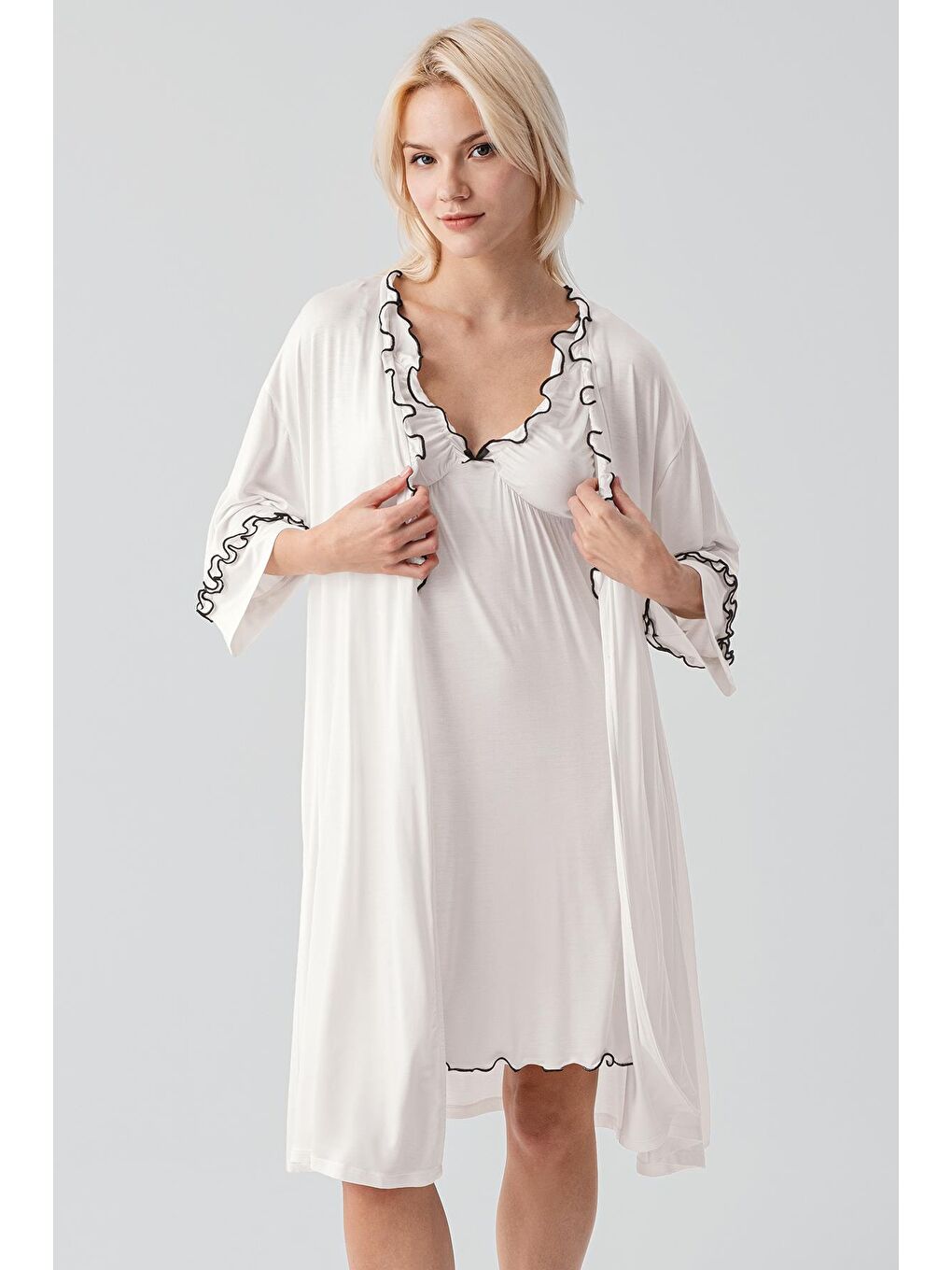 Ekru Askılı Kısa Esnek Viskoz Hamile Sabahlık Gecelik Takım 19400-4