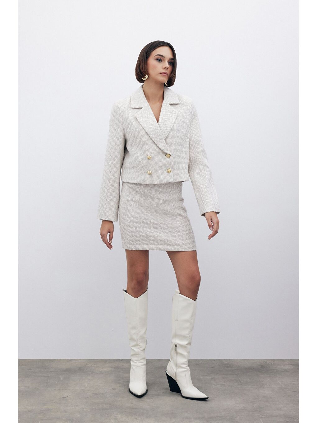 Bej Simli Kısa Tüvit Ceket - Taş-3