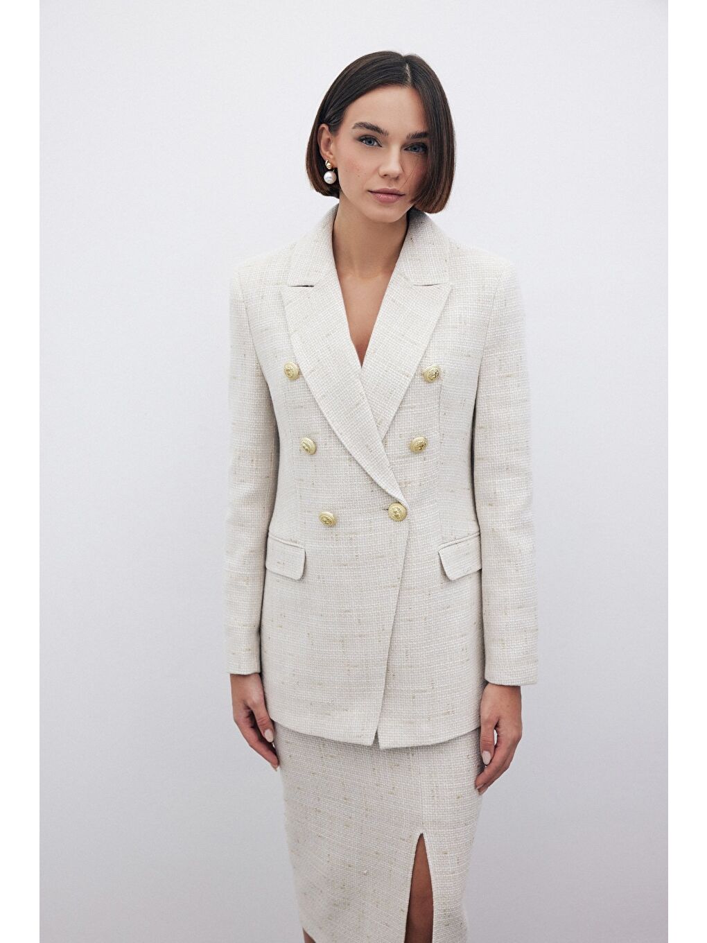 Bej Simli Uzun Ceket - Taş-6